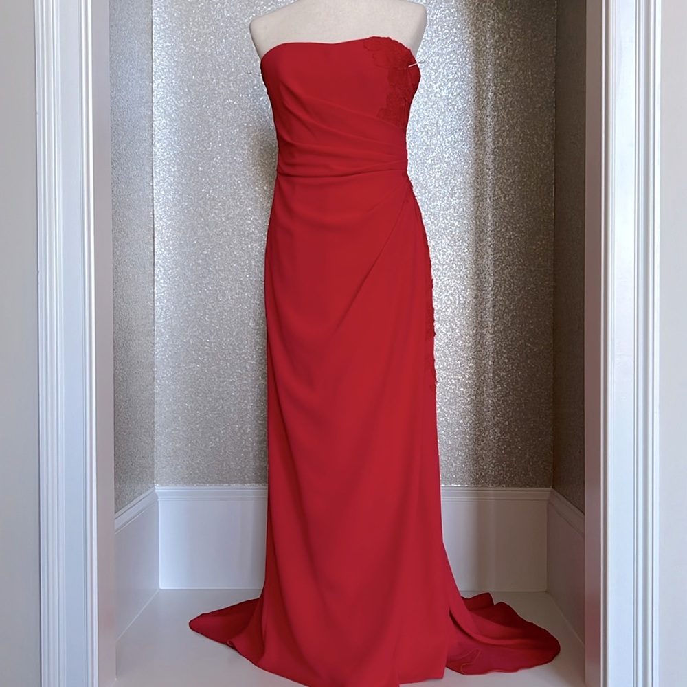 ML Monique Lhuillier strapless mock wrap gown, color: cherry, size 10